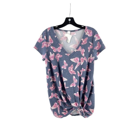 NWT CY Fashion Women's Blue Pink Butterfly Print Shirt Top Twist Front Size S - Picture 1 of 10